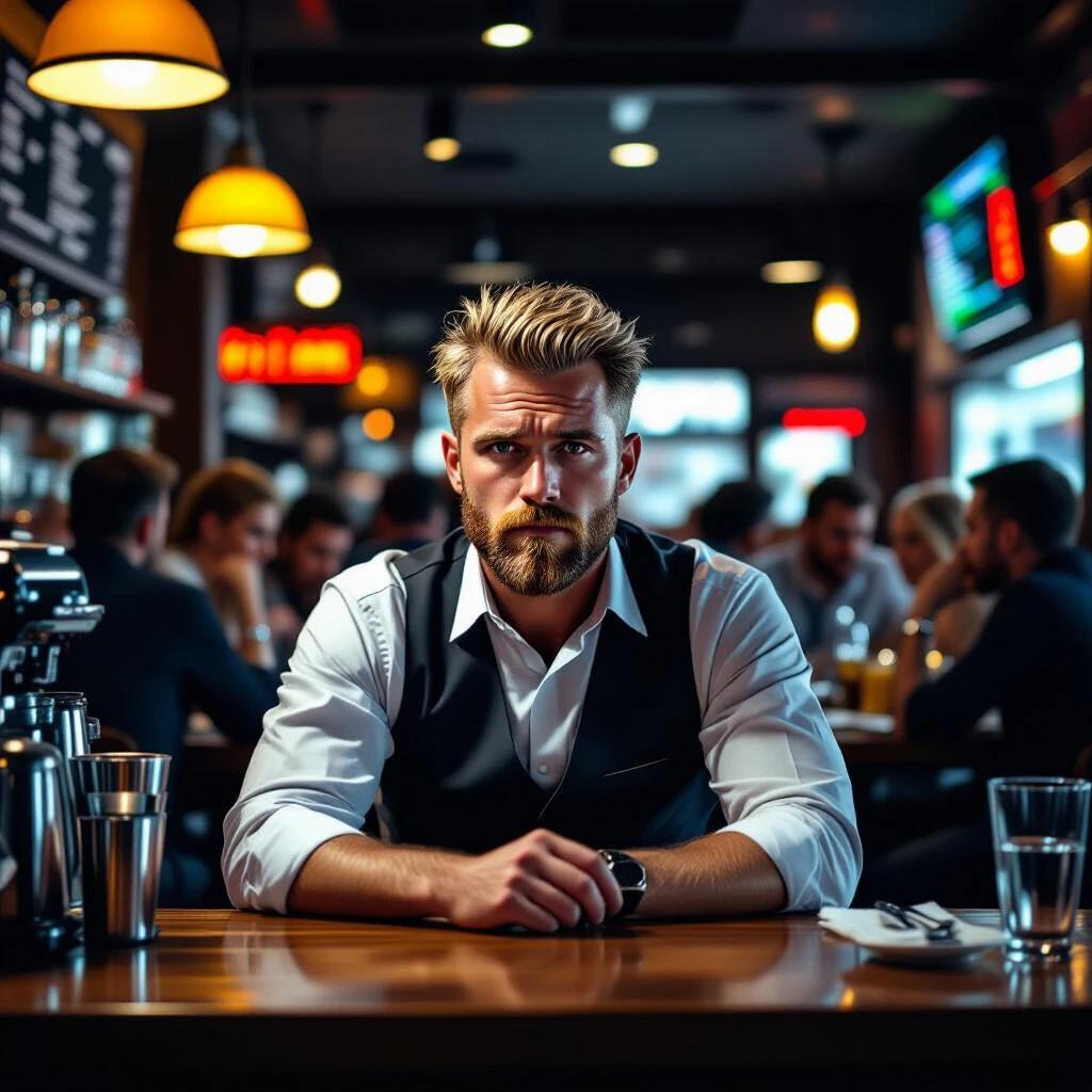 A tired salesman with sparse blond hair and sparse beard is seated behind the restaurant counter at midnight. The setting is a crowded restaurant with a lively atmosphere. The art style reflects pop art aesthetics.
