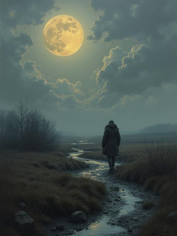 A figure walks alone through a moonlit landscape. The sky is filled with clouds and a large glowing moon illuminates the scene. The setting is tranquil with a winding stream and grasslands. The atmosphere evokes feelings of solitude.