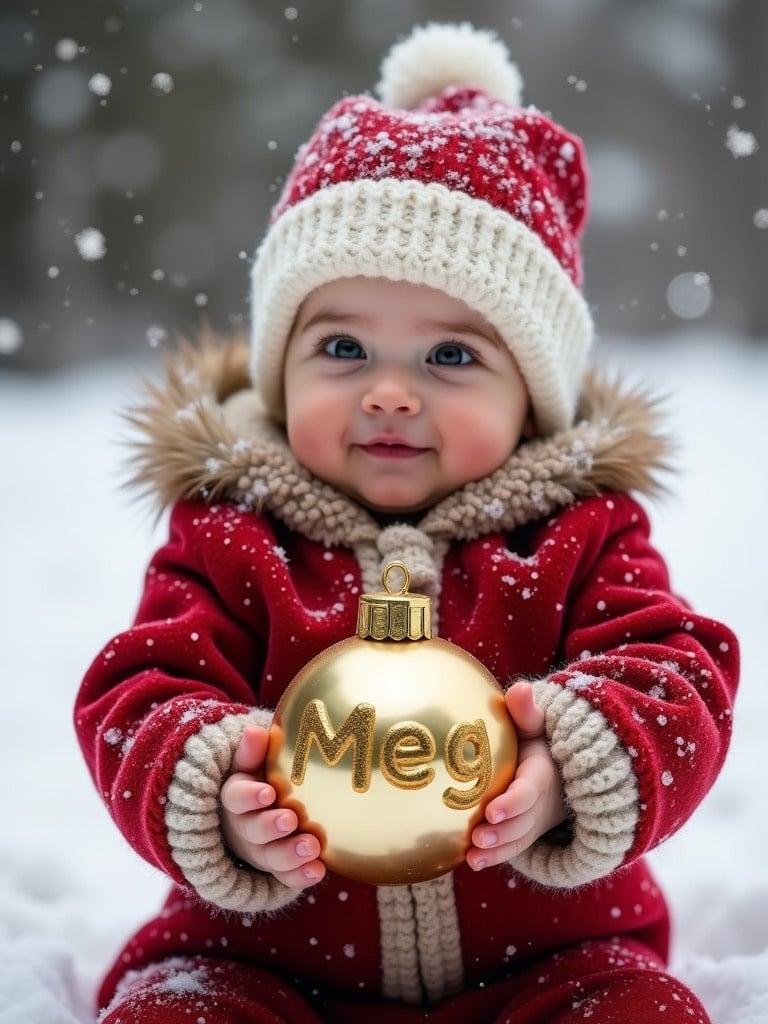 Baby dressed in festive clothing holding a golden bauble with the name Meg. Snowy background creates a cozy winter atmosphere.