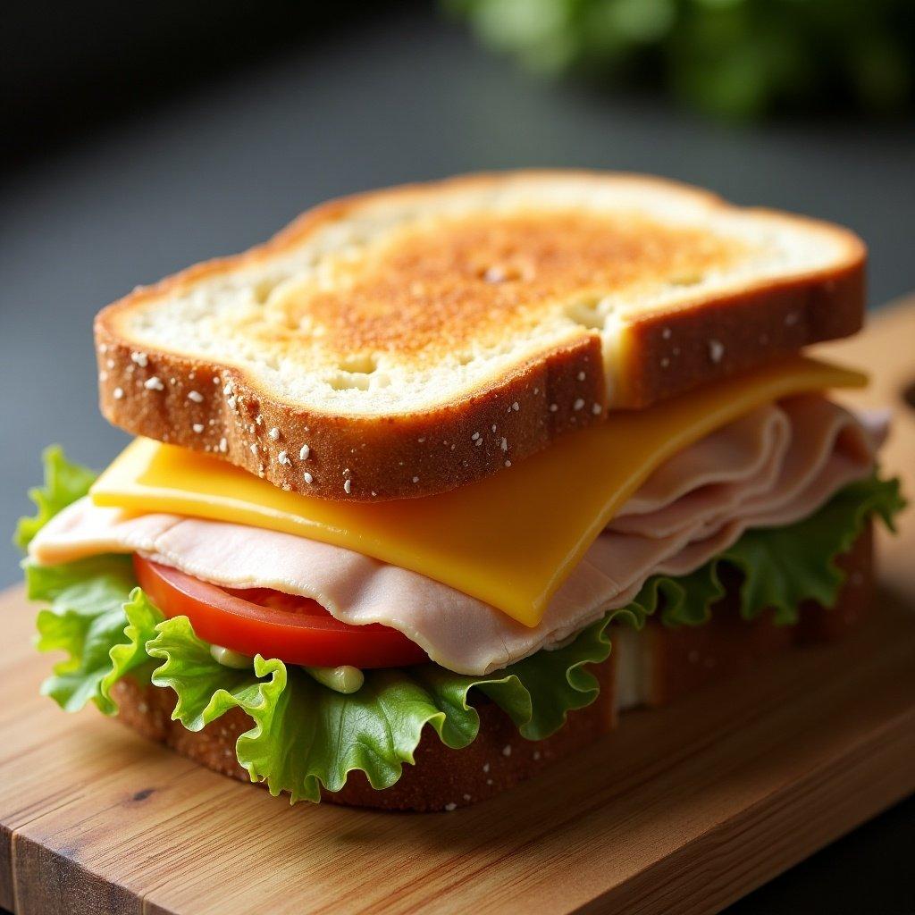 Toast sandwich featuring smoked turkey topped with melted cheese, iceberg lettuce, tomato slices, and a spread of mayonnaise.