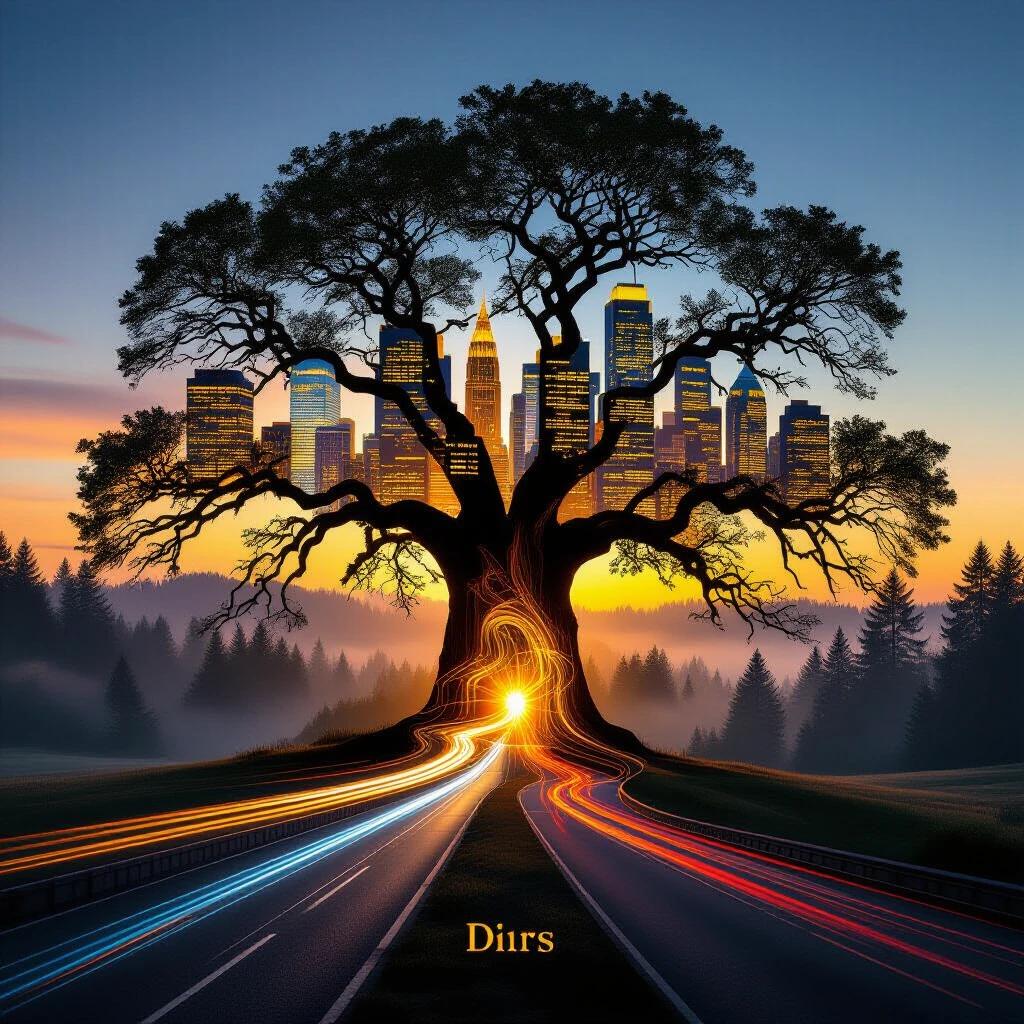 Double exposure art features an ancient oak tree silhouette. Cityscape within the tree shows glowing skyscrapers and winding highways. Tree roots depict electric blue subway systems. Surrounding area shows a serene blurred forest landscape. Shot during golden hour with rim lighting gives a glowing effect to tree. Volumetric light rays illuminate both tree and urban environment. Vintage film stock used for subtle grain effect.