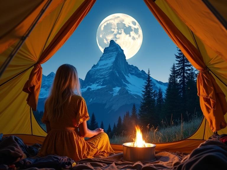 Inside a spacious tan canvas tent, a female hiker with silvery hair. Gazing at a breathtaking alpine view under a large moon. A small fire burns in a container. The hiker in a yellow floral dress. The scene features a majestic snow-capped mountain peak. Surrounded by tall grasses and trees. Fireflies drift among the dark foliage. A tranquil atmosphere in cool mountain air.