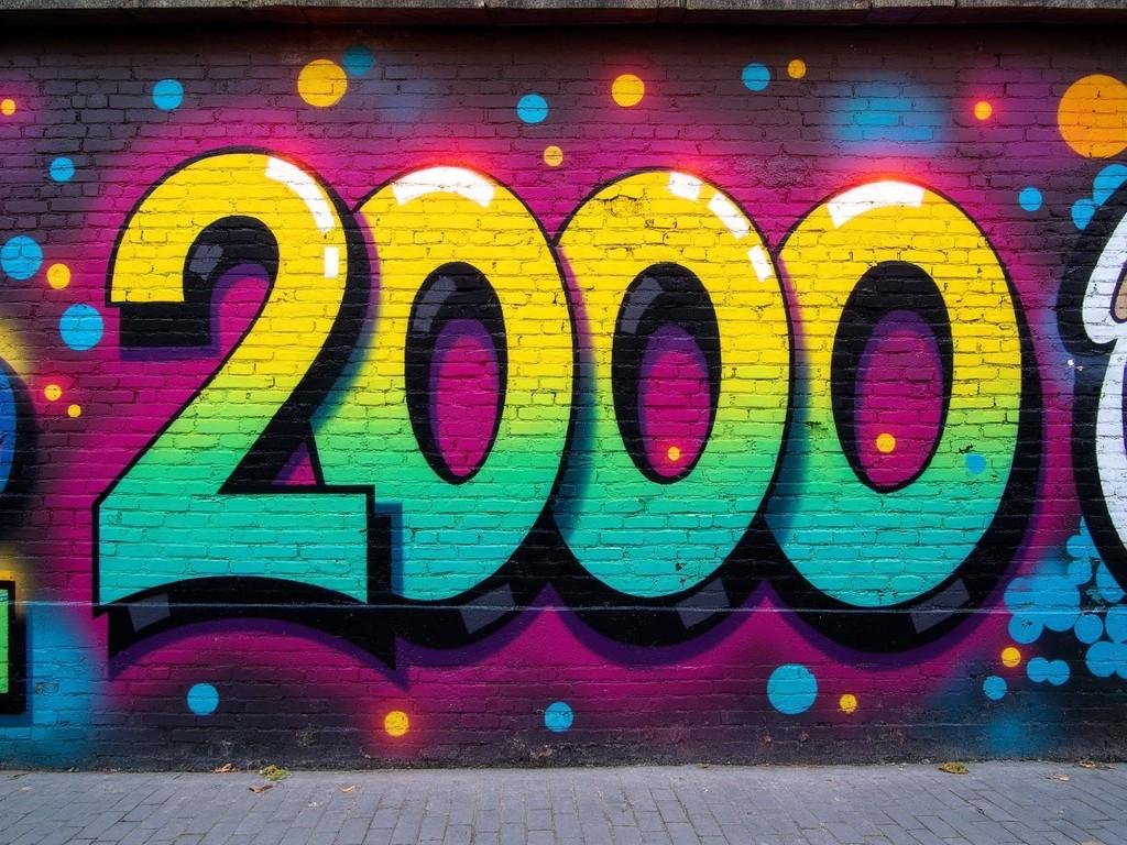 The image showcases a vibrant graffiti mural featuring the year '2000' in bold colors. The mural is painted on a brick wall and emphasizes bright yellows, greens, and pinks. It captures the urban street art style commonly found in modern cities. The background is decorated with small blue dots, adding depth and liveliness to the artwork. This piece represents a nostalgic reference to the early 2000s, reflecting youth culture and artistic expression.