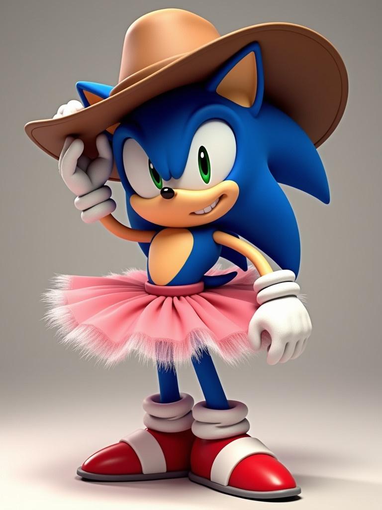 Sonic dressed in a western hat. Sonic wearing a ballet tutu. No background is present.