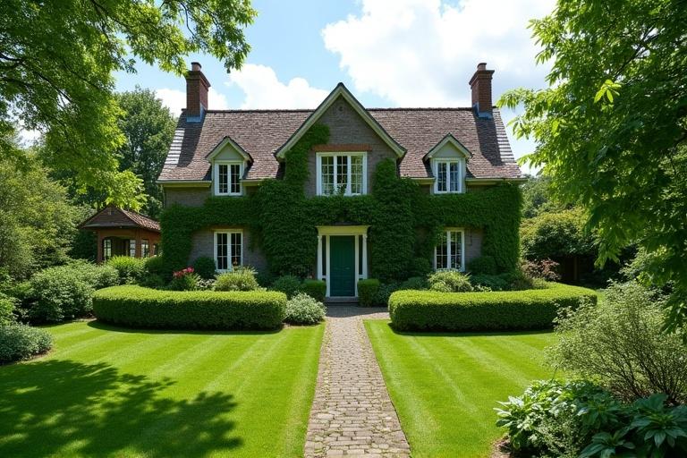 A charming home in Ireland surrounded by a vibrant green garden. The house features classic architecture without green elements. The garden dominates the scene with manicured lawns and hedges.