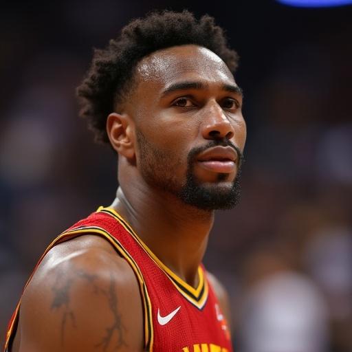 Close-up shot of a basketball player. The player appears focused with a serious expression.