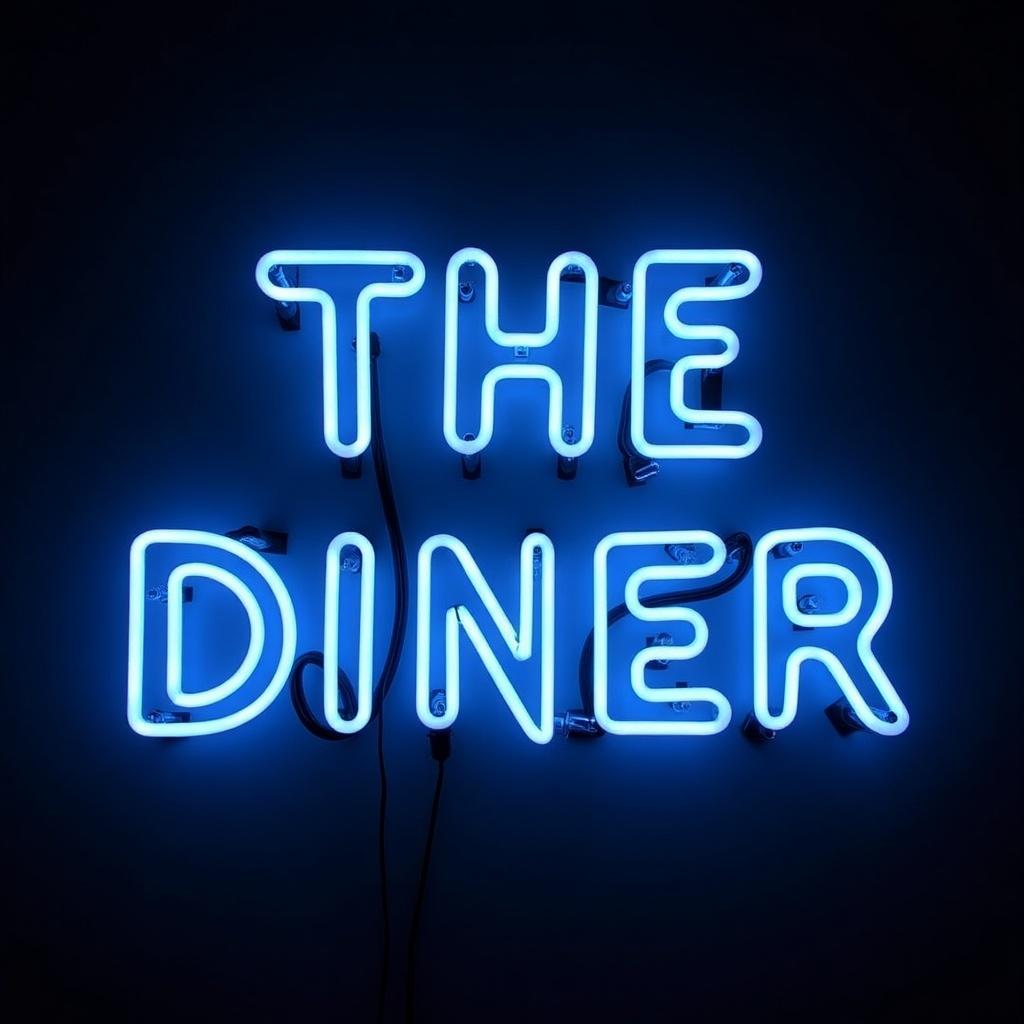 Neon sign featuring the words THE DINER in uppercase letters. Strong blue color inspired by Billie Eilish's music. Bold and illuminated against a dark backdrop.