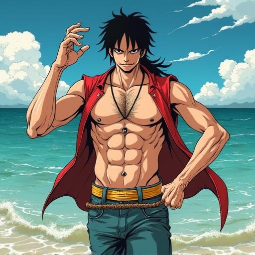 Anime character in a beach scene with muscles. He has long black hair and wears a red open shirt. Ocean waves in the background. The sun is shining brightly. The character has a confident pose. Perfect for an anime-themed graphic. Bright colors enhance the mood.