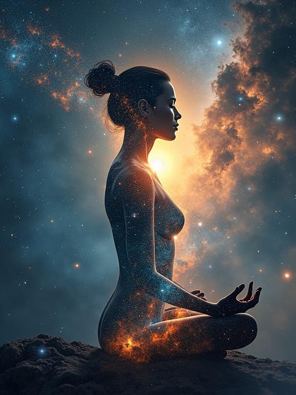 Double exposure art featuring a woman meditating in profile. Her body shows an expanding universe with galaxies, nebulas, and stars. The brightest stars represent chakras. Comets cross her silhouette, with trails extending outside. Tiny planets orbit in her head, and a sun shines from her heart, casting outward light.