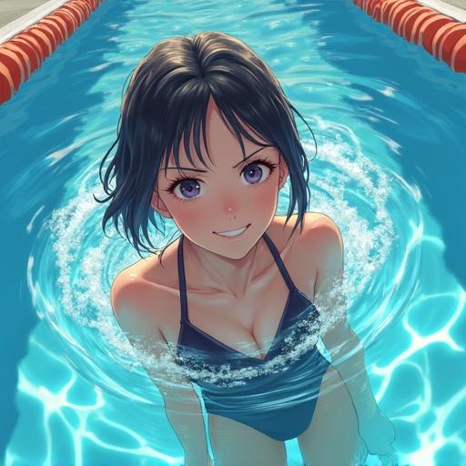 Anime character in a swimming pool. The character is smiling and posing confidently. Water is clear and blue. Bright sunlight illuminates the scene. A colorful pool border is visible.