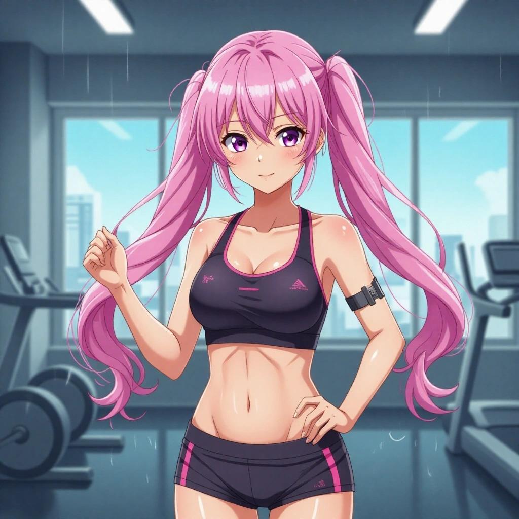 An anime female character in a gym setting doing warmup exercises. She has long pink hair and is sweating. The character is in workout clothes. Gym equipment is in the background.