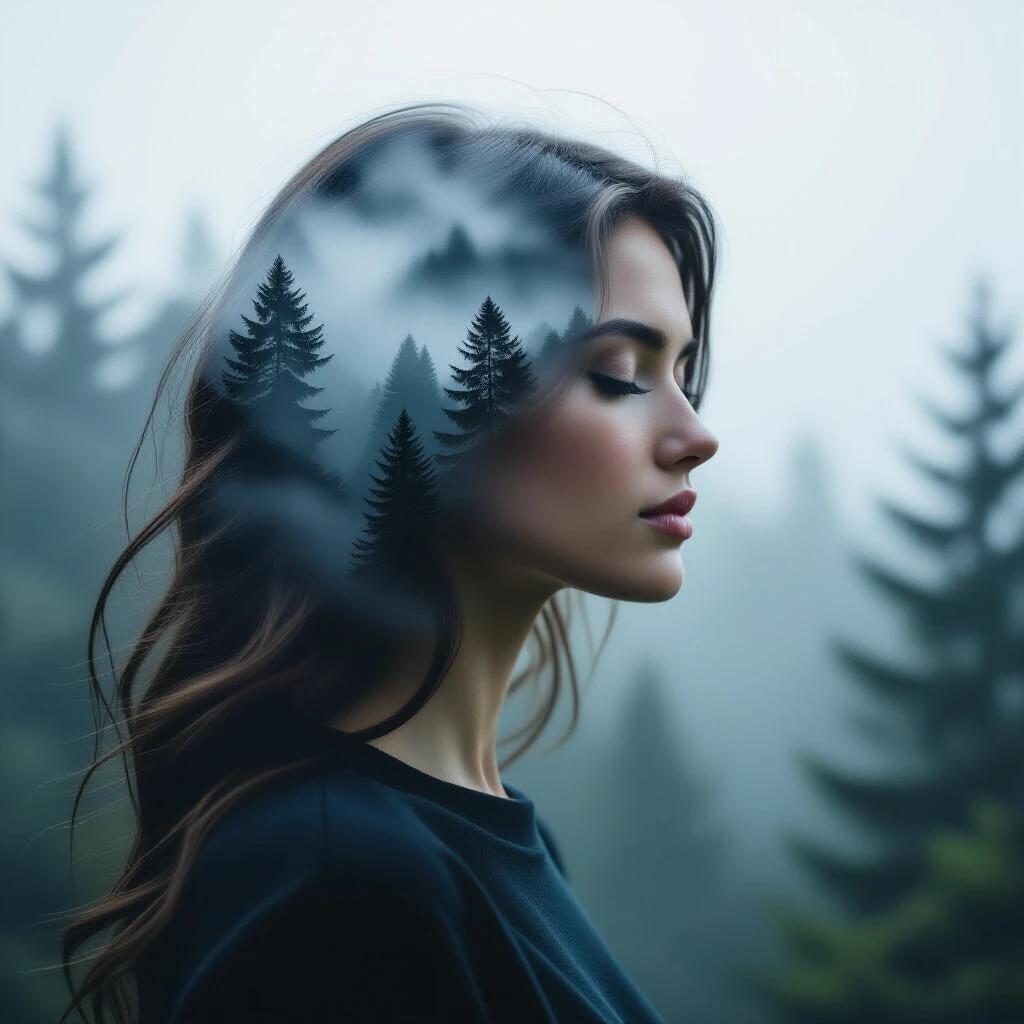 Portrait of a woman in profile with eyes closed. Serene expression. Blended with dense forest landscape. Misty trees fading into silhouette. Soft ambient light. Bokeh in background. Depth of field. Ultra-realistic skin texture. Cinematic composition. Muted tones.