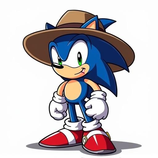 Sonic character wearing a large wide-brimmed fedora hat. No background. No other clothing. Cartoon style drawing.