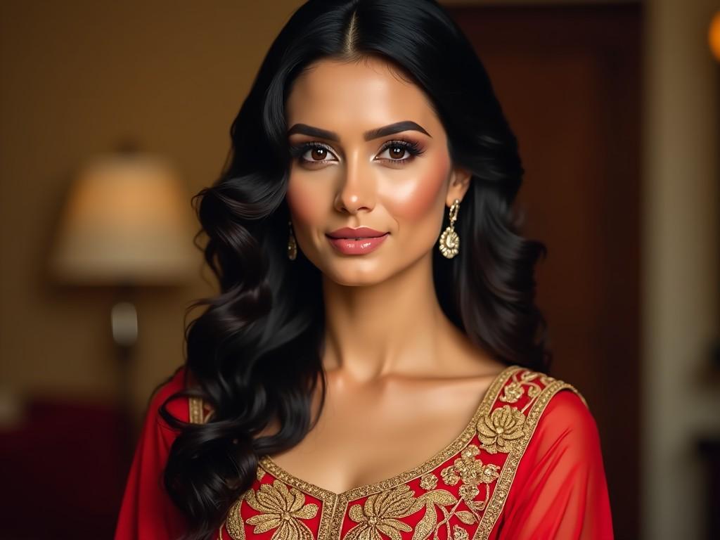 This image features a beautiful woman dressed in traditional attire, characterized by a red outfit adorned with intricate golden embroidery. She has long, flowing dark hair styled in soft waves and is wearing elegant earrings. The background is softly blurred, enhancing the focus on her graceful features. Warm, ambient lighting highlights her flawless makeup and adds a touch of radiance. This portrait captures the essence of beauty and grace, perfect for showcasing cultural heritage.