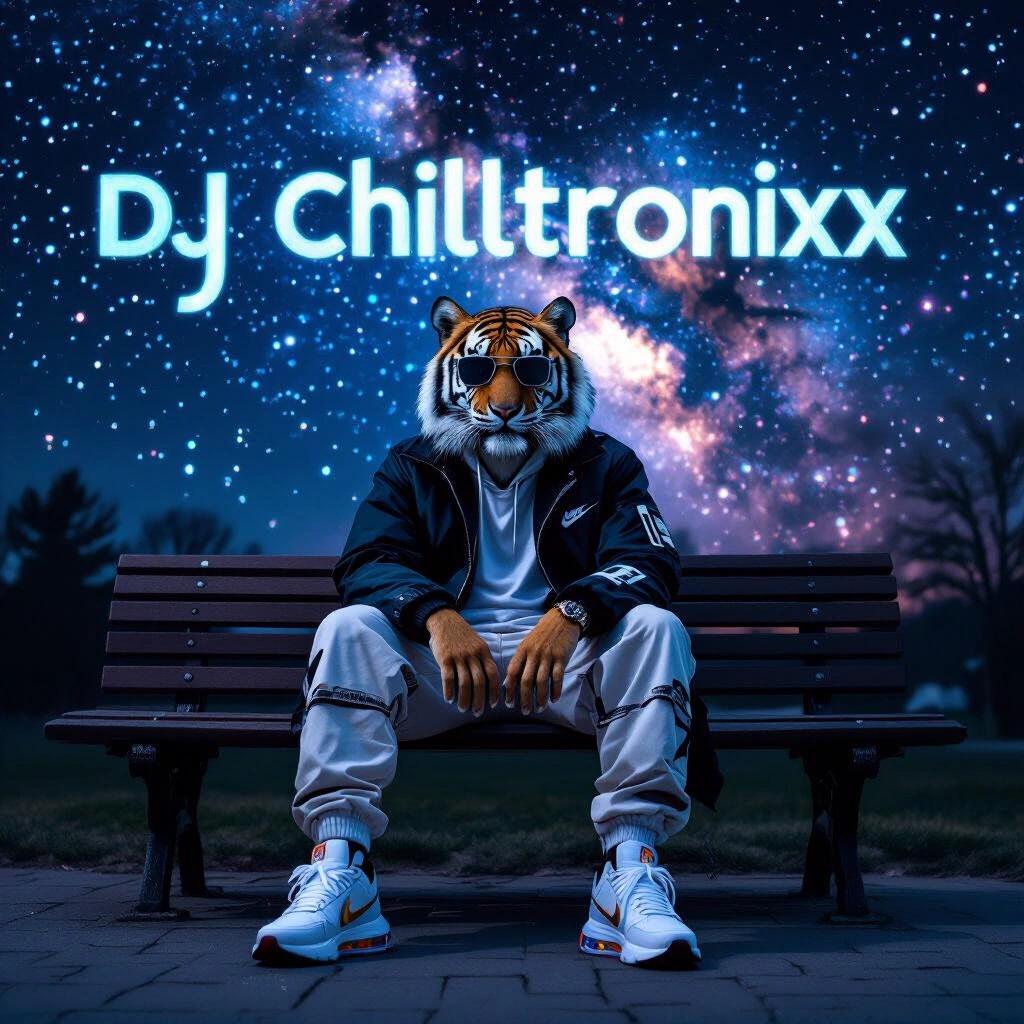 Photo of a Siberian tiger person with sunglasses on a park bench. The tiger is wearing stylish clothes and Nike Air Max runners. The background has a dark nebula filled with stars. The image represents a futuristic DJ called DJ Chilltronixx.