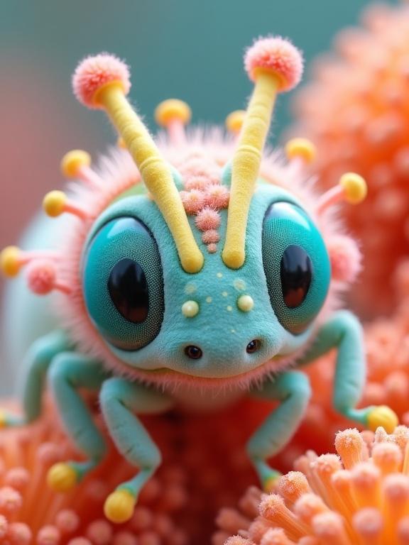 Close-up of a surreal bug-like creature that resembles a blend of a caterpillar and an alien. Bright pastel colors are used for the creature, set against vibrant coral-like flora under a soft teal background. The scene emphasizes intricate textures and a dreamy atmosphere.