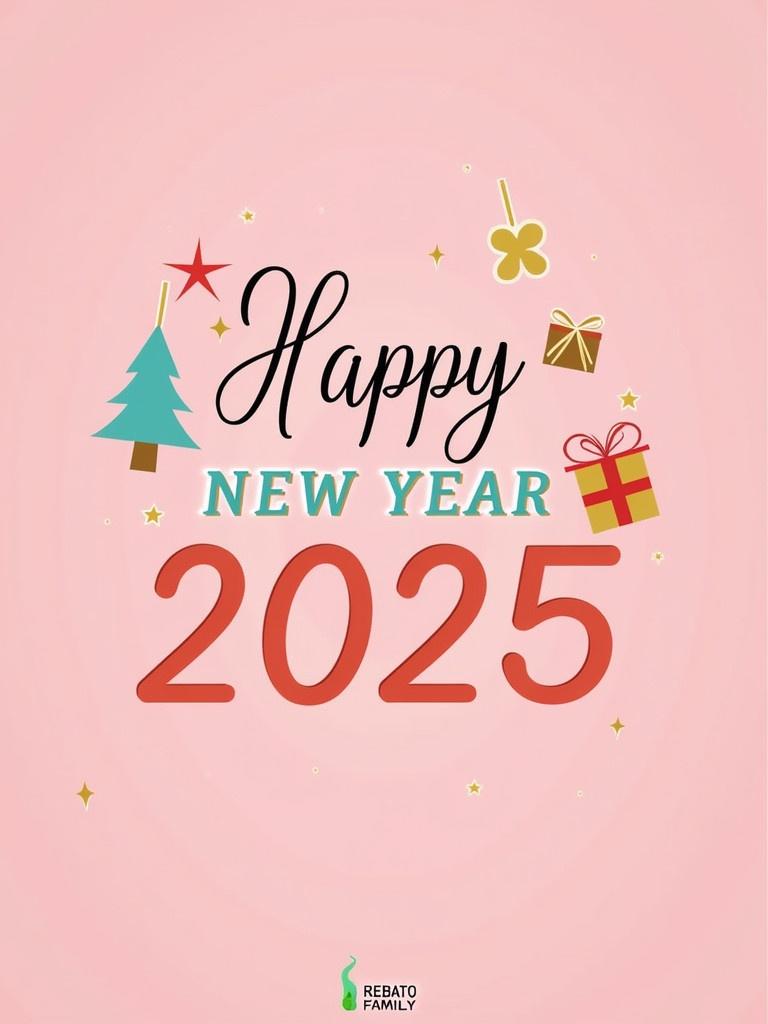 The image shows a festive design for New Year 2025. It has a cheerful pink background. Stylized decorations are included such as trees and gift boxes. Text reads 'HAPPY NEW YEAR 2025'. The font is a mix of cursive and bold. It has a modern colorful appeal, with hints of gold.