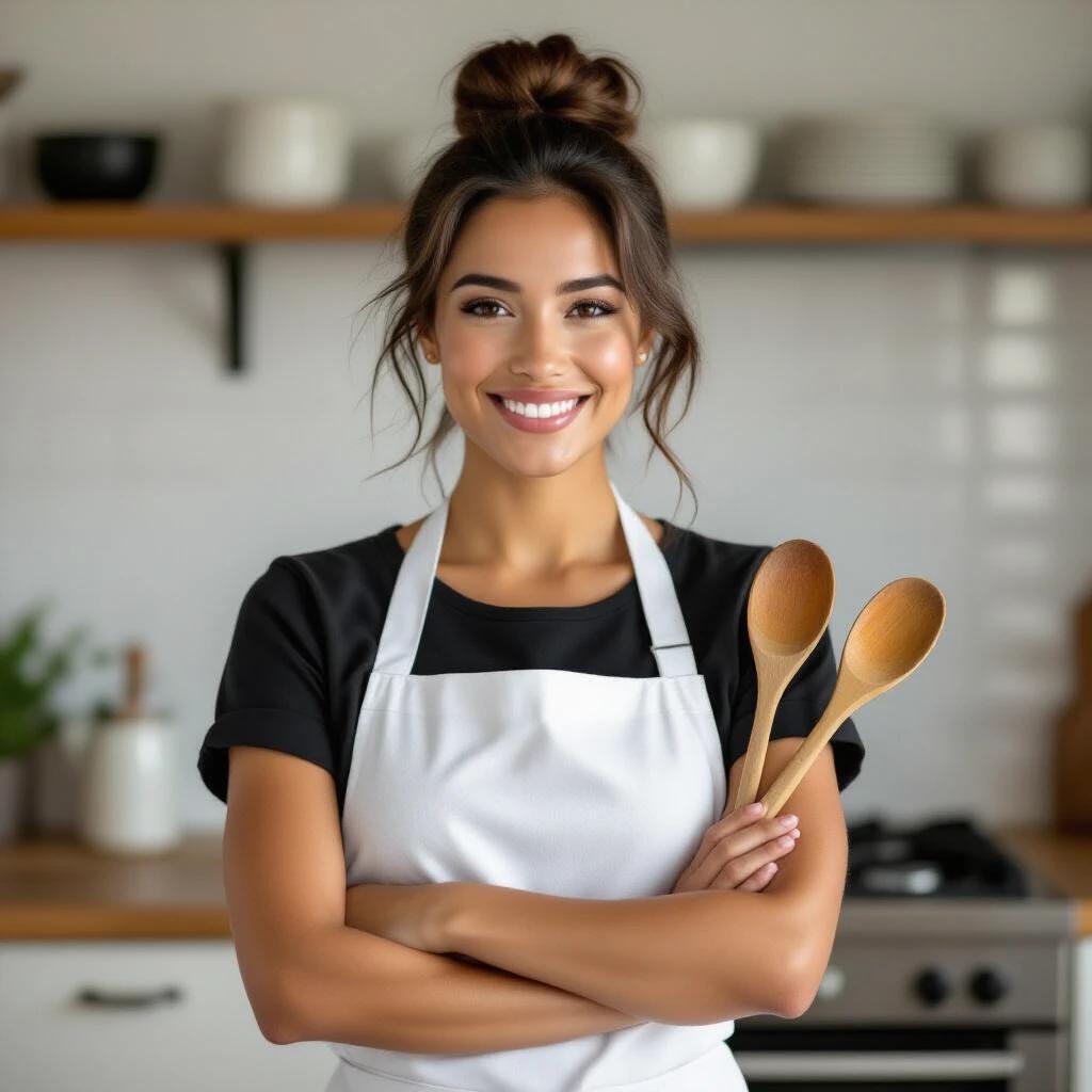 Portrait of Brazilian cook stands confidently in kitchen. She holds wooden spoons crossing arms. Wears white apron with hair tied in elegant bun. Soft studio lighting with white background. Welcoming atmosphere is felt through her expression.