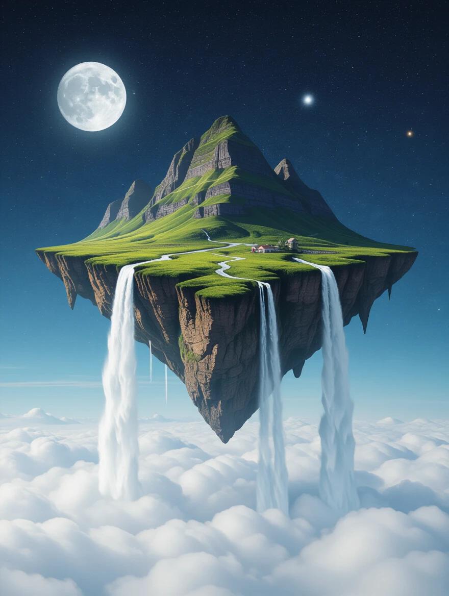 Surreal landscape with floating mountains in the sky. Waterfalls cascade into space. Dreamlike scenery with a moon in the background.