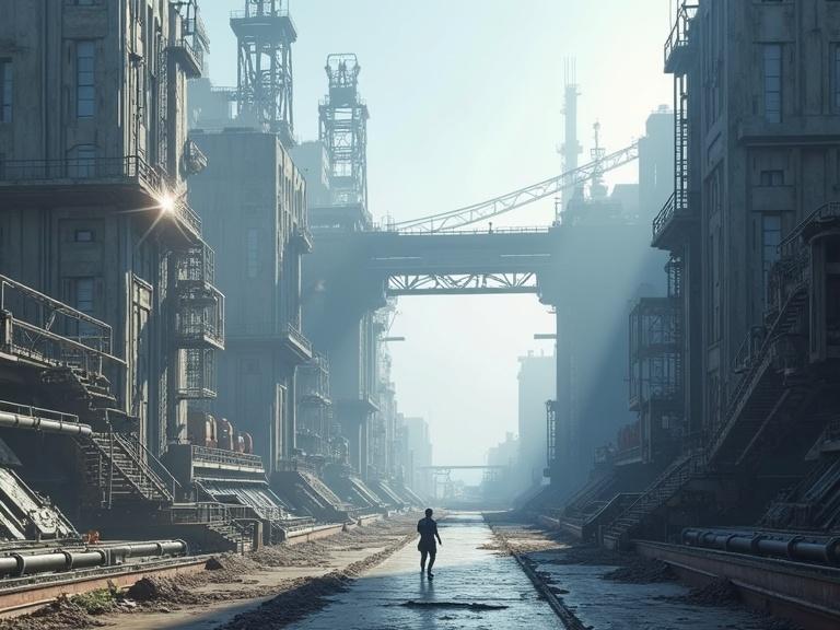 A sci-fi landscape featuring a large military shipyard base with blocky bevel designs. The scene includes pipelines, metal steps, ladders, a construction pit, and a bridge. A person stands amidst this massive, industrial setting under a sunny blue sky, highlighting details and shadows in high realism.