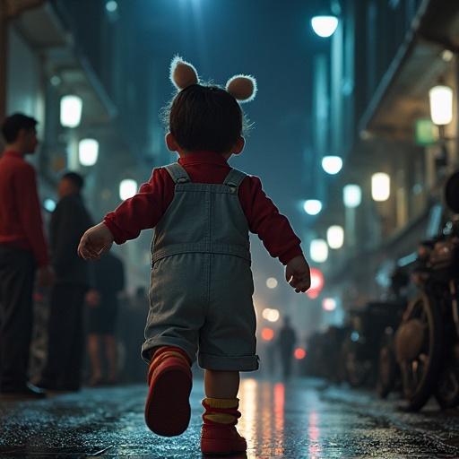 Nighttime Tokyo with neon lights touches. Child wearing overalls and playful elements. Vibrant signs and crowd against a futuristic backdrop. Exciting and adventurous setting.