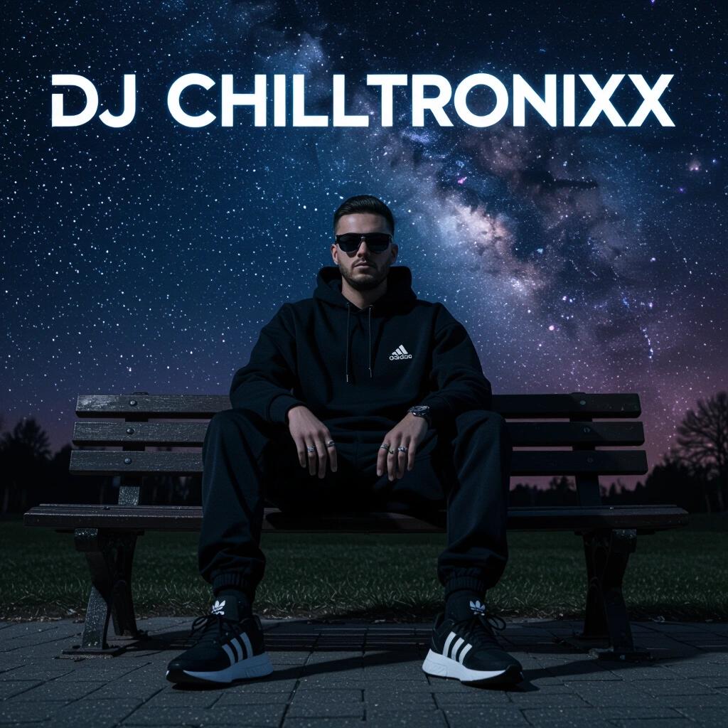 Photo at night with a person in stylish clothes sitting on a bench under a dark nebula sky. The person wears all-black Adidas runners and sunglasses. This is an artistic album cover featuring the text DJ Chilltronixx.