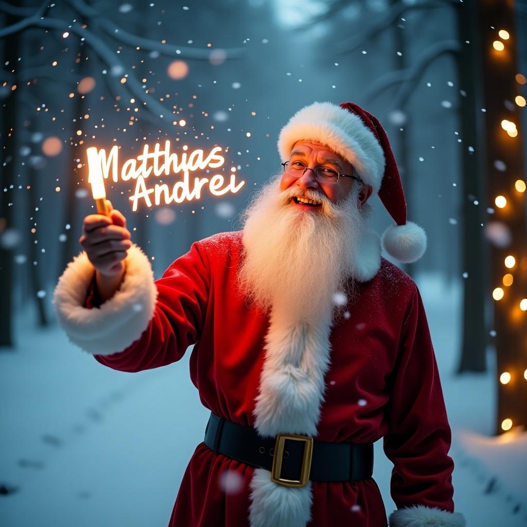 Santa Claus in a snowy forest during Christmas. He uses a glow stick to write 'Matthias Andrei'. Falling snowflakes create a magical atmosphere. Warm lights from trees add to the festive spirit. Santa's outfit is bright red with white fur and a black belt.