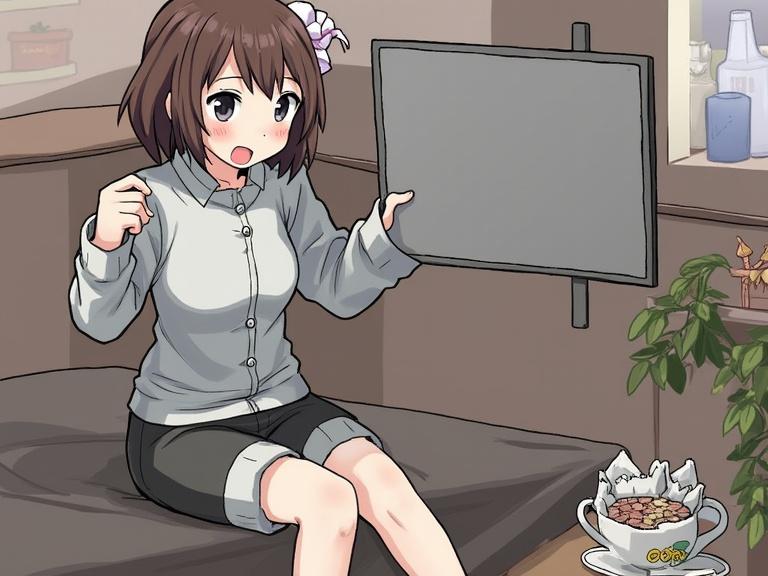 Anime style character sitting on a bed in a cozy room. Female character with short hair, wearing a gray shirt and black shorts. She is surprised while holding a blank sign. A bowl of snacks is beside her on the floor.