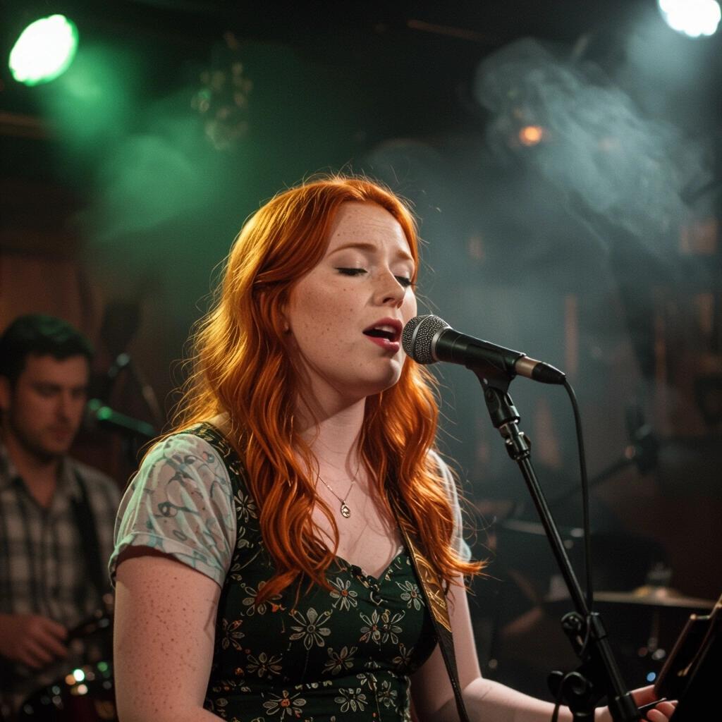 Red-haired girl singing on a smoky pub stage in a dark setting. Zoomed-out perspective with subject in the distance.