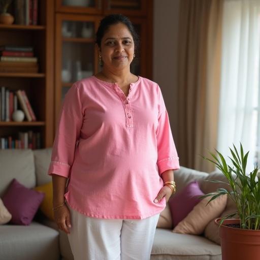 Mature Indian woman sitting at home. Wearing pink Kurti and white leggings. Casual atmosphere with a couch and plants in background.