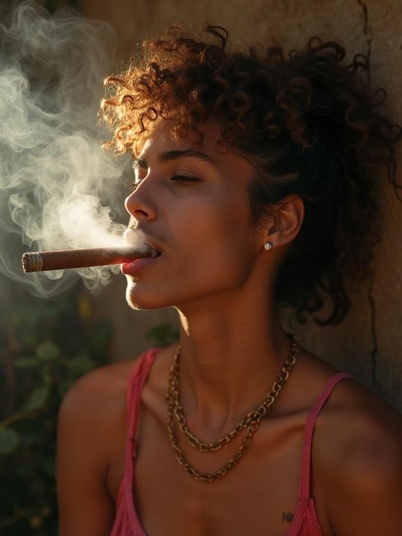 A woman appears mid-smoke while smoking a Cuban cigar. Curls frame her shoulders. A stylized background in soft focus. Light enhances her figure. The ambiance feels intimate. Smoke curls elegantly around her. Jewelry glimmers subtly against her skin. She presents a strong yet relaxed persona.