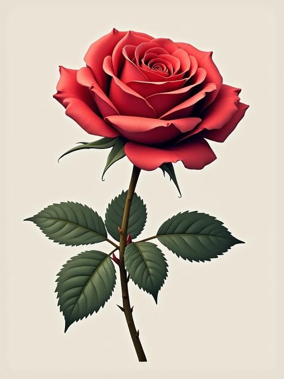 Single rose illustration with detailed petals and leaves. The rose is prominently centered with rich red petals. Green leaves support the flower. The background is a soft cream color giving the image a delicate look.