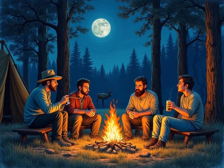 A simple colored pencil illustration of a camping scene. Four people in their late 30s gather around a glowing campfire. One person cooks marshmallows on a crooked stick while wearing a hat. Another smokes a joint and has a full beard. Third person expresses stories using hand gestures. Fourth drinks beer. It's nighttime with tall trees and a full moon. A tent is partially visible. A deer can be seen in the dark background.