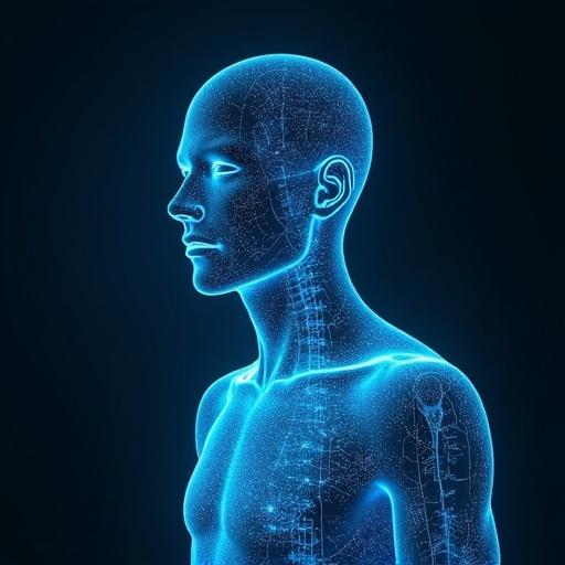Glowing representation of a human figure highlighting bioluminescence. Side view showcasing detailed anatomical features