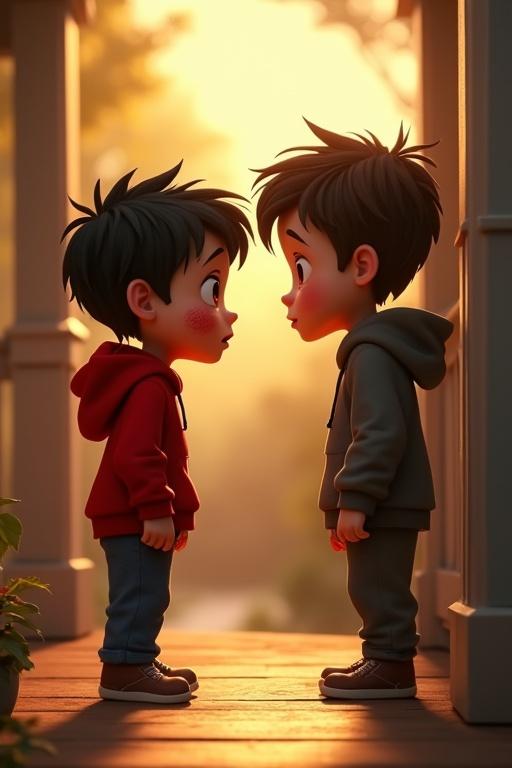 Highly stylized cartoon scene of two brothers facing each other on a porch. The younger brother in a red hoodie shows anger and pain. Older brother, in a grey hoodie, appears shocked. Golden light highlights emotional tension. Wind blows older brother's hoodie. Dramatic camera angle illustrates their emotional distance.