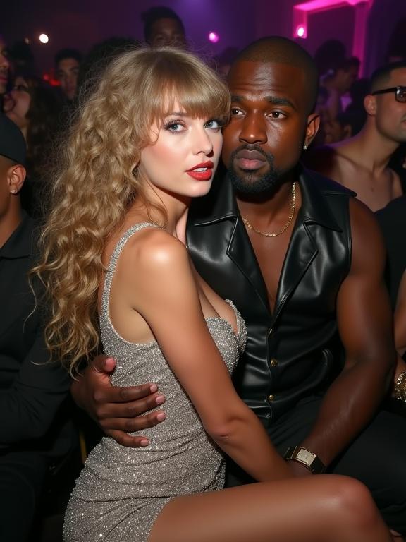 18-year-old Taylor Swift and Kanye West at awards show after party. Taylor Swift in sparkly silver dress with cowboy boots, has long curly hair. Kanye West wearing black leather vest. Both seated closely together in crowded atmosphere. Taylor appears intoxicated and disheveled. Capture side angle and full body.