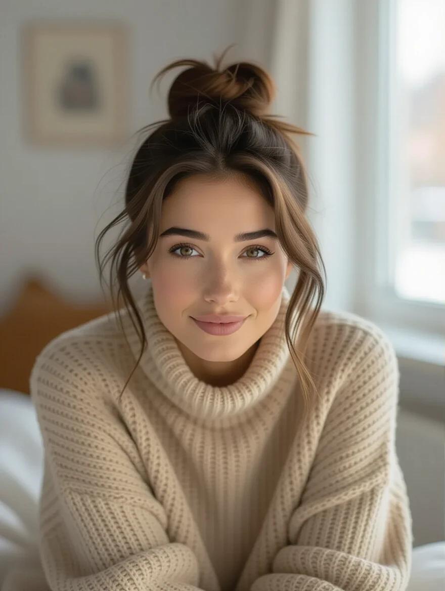 Person leans forward with a curious and hopeful expression. Natural lighting highlights features. Warm inviting colors create a cozy atmosphere. Authentic interest conveyed through engaging eye contact.