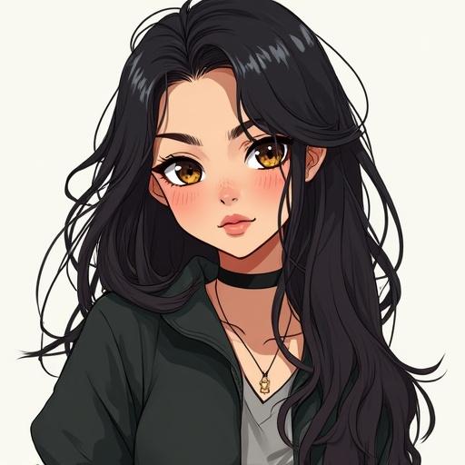 Illustration of an anime girl. Long wavy dark hair with thin eyebrows. Wearing a short dark hoodie, a long-sleeve shirt, a short skirt, and stockings. Fun, adventurous, social, and brave personality.