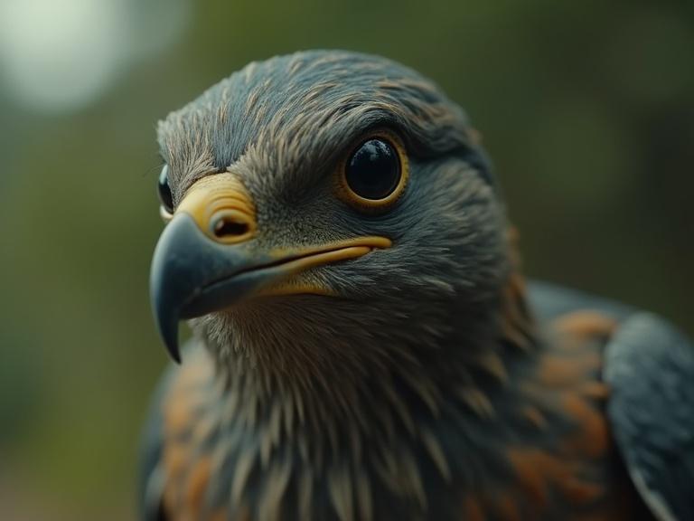 Close-up photograph of a bird with intricate details. Beak and eye are prominent. The image captures an emotional climax. Slow zoom out reveals more of the bird's features.