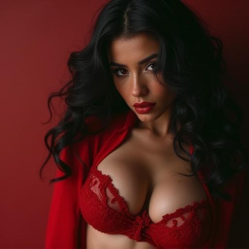 Portrait of a woman with dark hair and seductive expression wearing red lingerie against a red background.