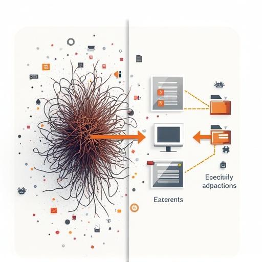 Visual concept for presentation slide featuring refactoring of Ansible iptables role. Left side shows tangled mess representing cluttered role with conditionals and nested tasks. Right side displays clean organized structure with folder hierarchy and labeled tasks. Background evokes infrastructure theme with neutral tech tones. Composition highlights contrast of chaos and clarity. Clean modern diagrammatic style without text.