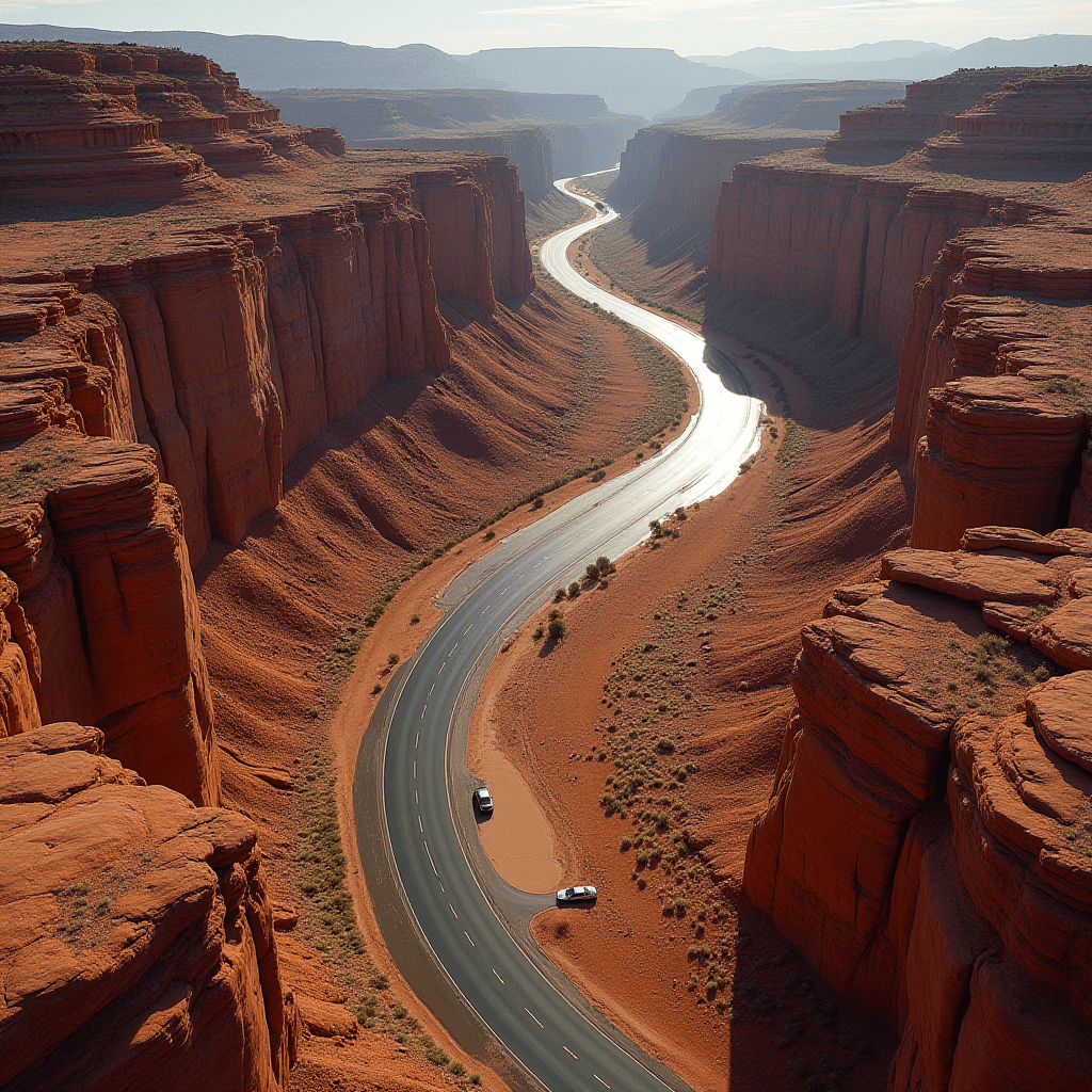 A winding road cuts through a stunning red rock canyon landscape, with two cars highlighting the vastness of the scene.