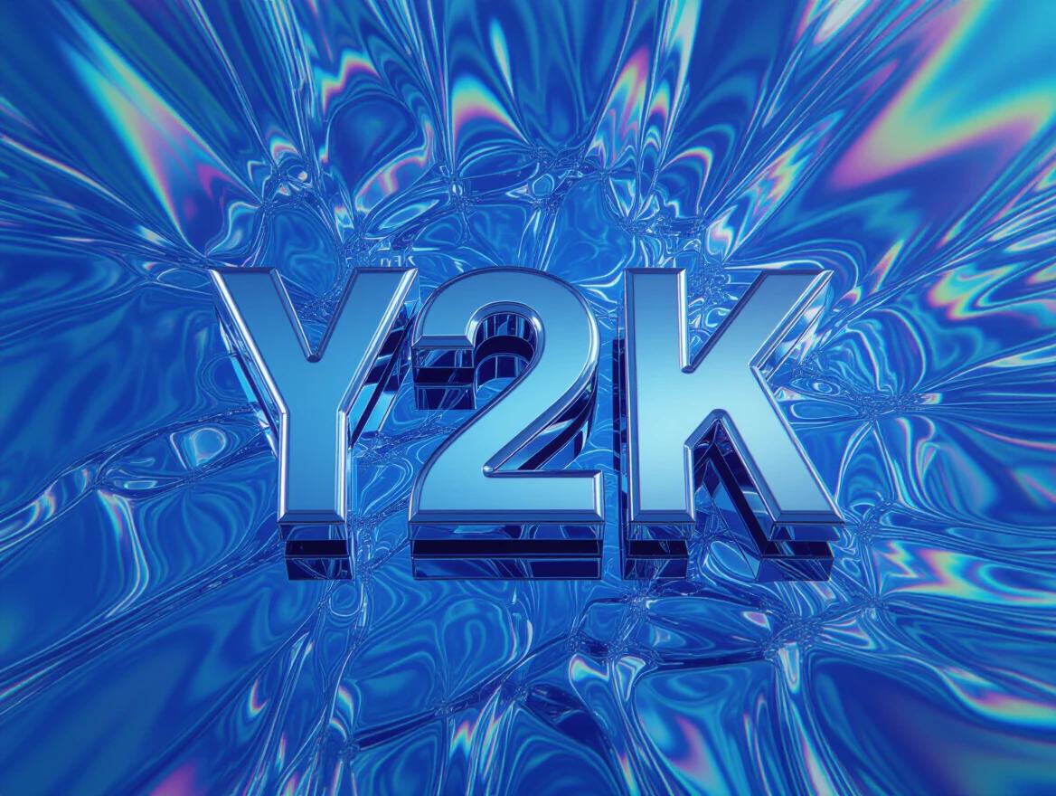 Image of a holographic liquid chrome featuring sharp text. Text reads Y2K with a hyperdetailed aesthetic. The scene has a futuristic look with vibrant colors.