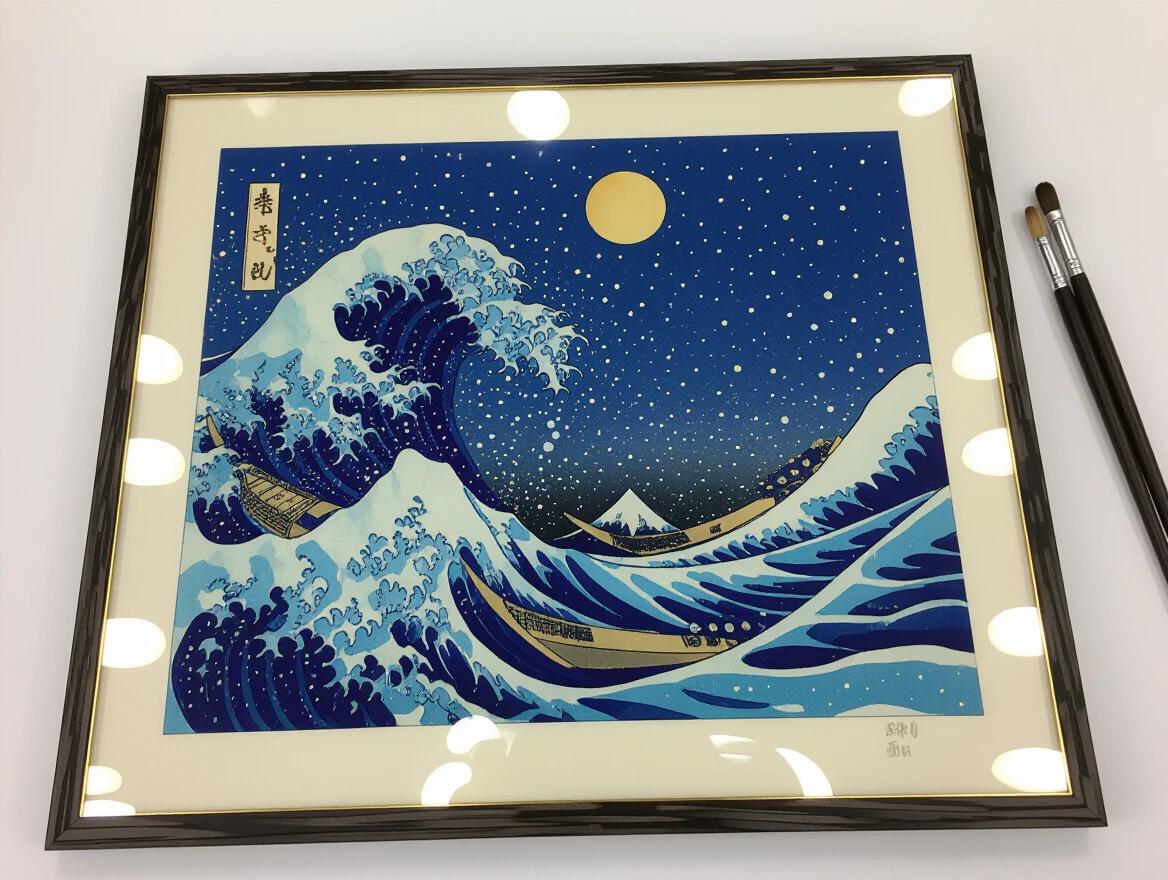 Artwork features intricately detailed waves and mountains. Oil paint used with generous brushstrokes. Scene portrays a night beach, in Japanese style. Exhibits Y2K aesthetics with holographic sheen.