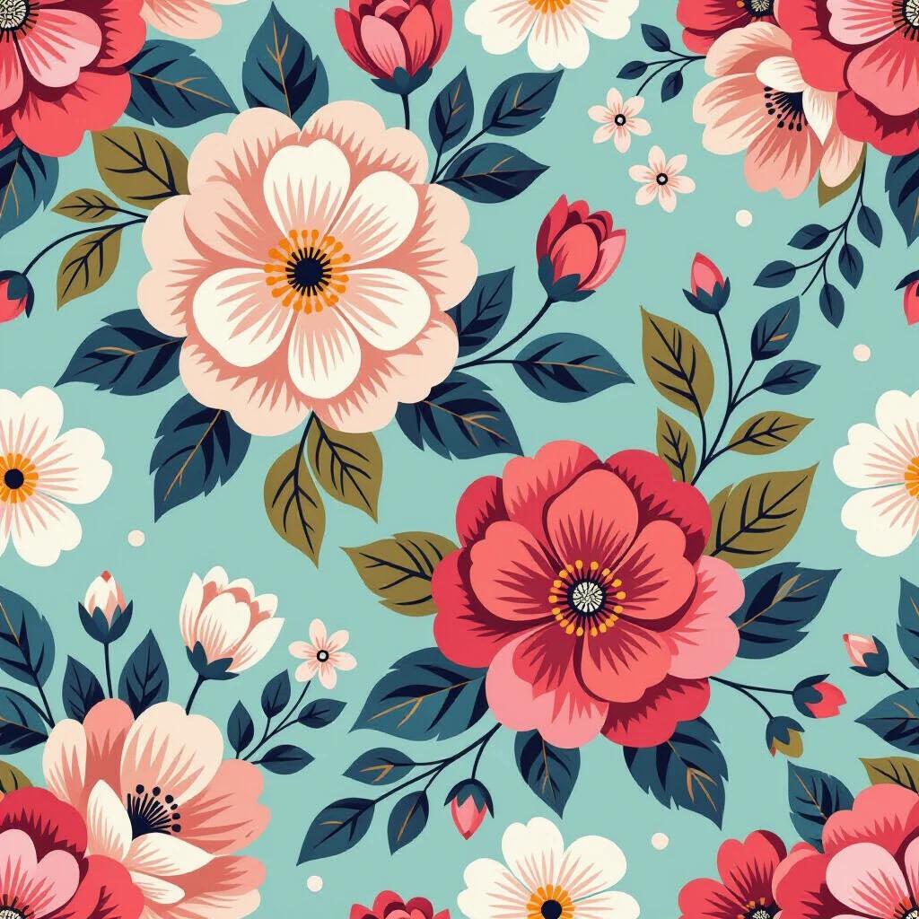Design features bold flower patterns. Includes oversized blossoms and delicate florals. High-contrast colors with clean lines. Uses fresh spring palette with pastel backgrounds. Incorporates geometric elements and artistic brushstrokes. Balances nostalgia and futurism. Suitable for textiles and wall art. Layered transparency and negative space create playful effect.