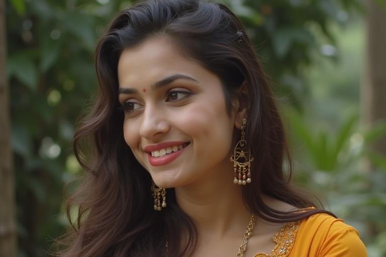 A serene scene in nature with a smiling woman in traditional attire. She has long flowing hair and wears ethnic jewelry. Soft lighting highlights her joyful expression against a green background. The image evokes a sense of happiness and cultural beauty.