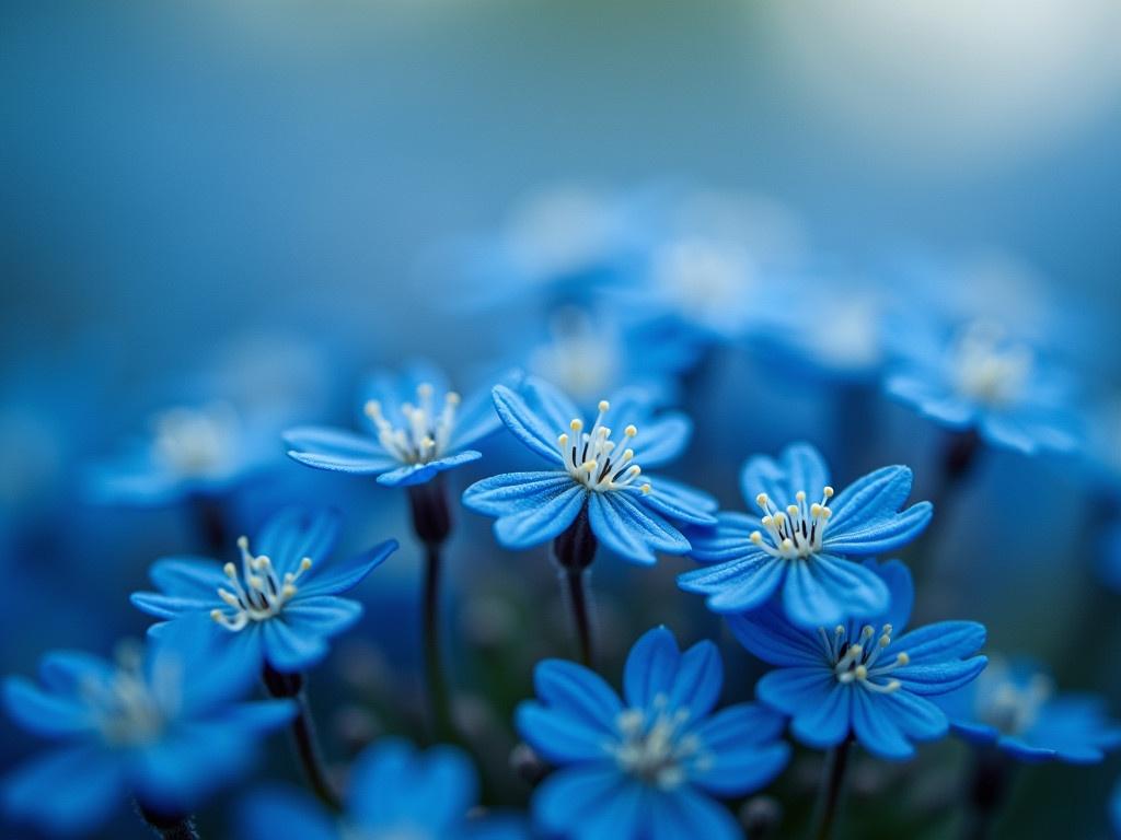 Macro picture of very tiny blue wild flowers fills the frame. The flowers display various shades of blue, capturing light and shadows beautifully. Each flower features delicate petals with intricate patterns and textures. There are tiny white accents at the centers of the flowers, adding contrast to the vivid blue. This close-up showcases the natural beauty and detail of the tiny flora, making them appear almost surreal. The background is softly blurred, emphasizing the flowers in focus and creating a dreamy effect.