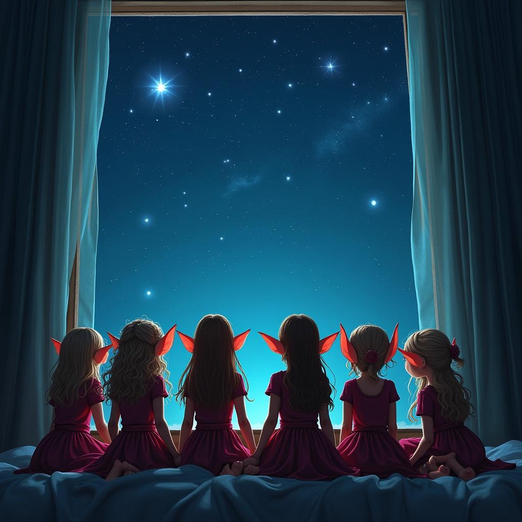 Elves sit together by a window observing the night sky. The sky displays glowing names. The characters have pointed ears and are depicted in a whimsical style. The window reveals stars and a magical atmosphere.