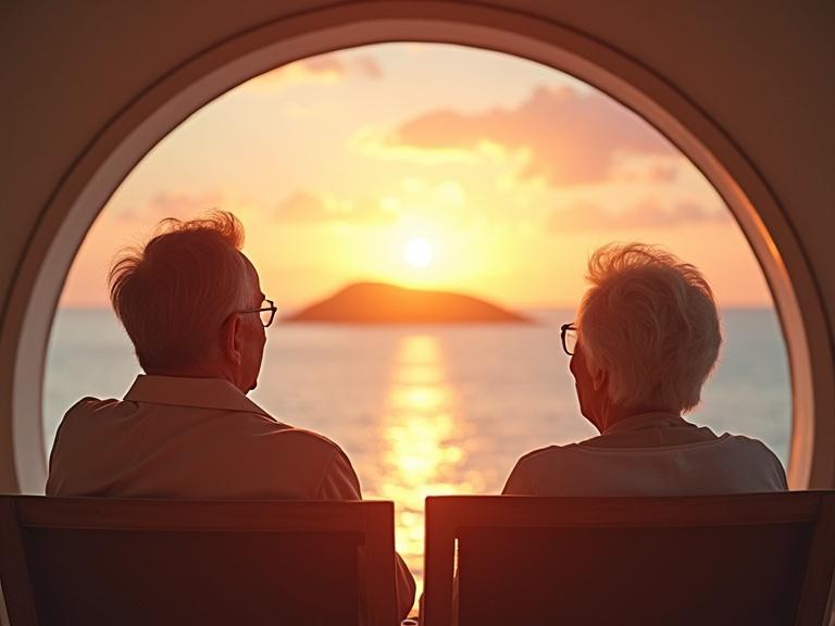 Elderly couple sits in a circular window facing a sunset. Ultra-futuristic island hotel as background. Warm sunset colors fill the scene. Ocean visible in the distance.