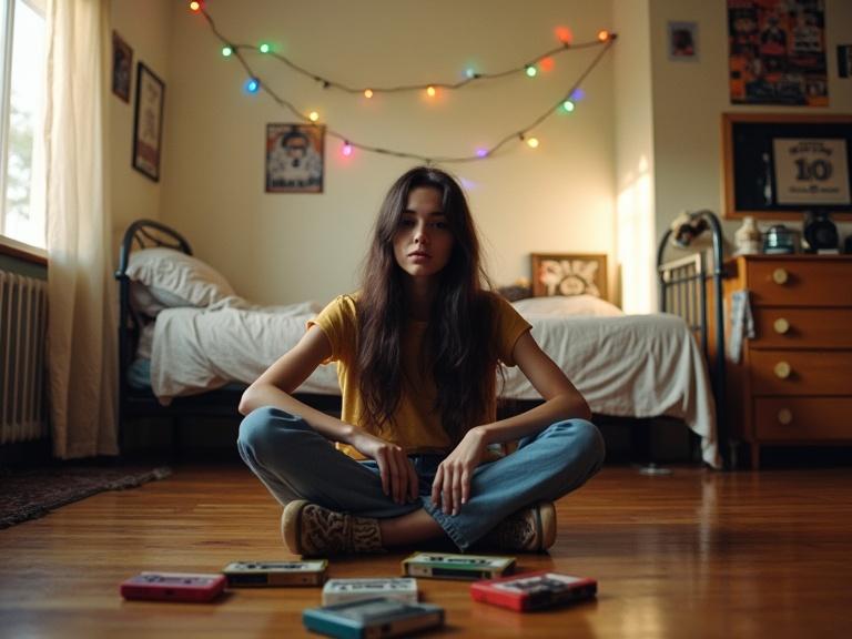 Teenage person with long dark hair sitting cross-legged on hardwood floor. Vintage cassette tapes scattered around. Multicolored Christmas lights hang on white wall. Warm sunlight streams through window. Bedroom with 1980s furnishings.